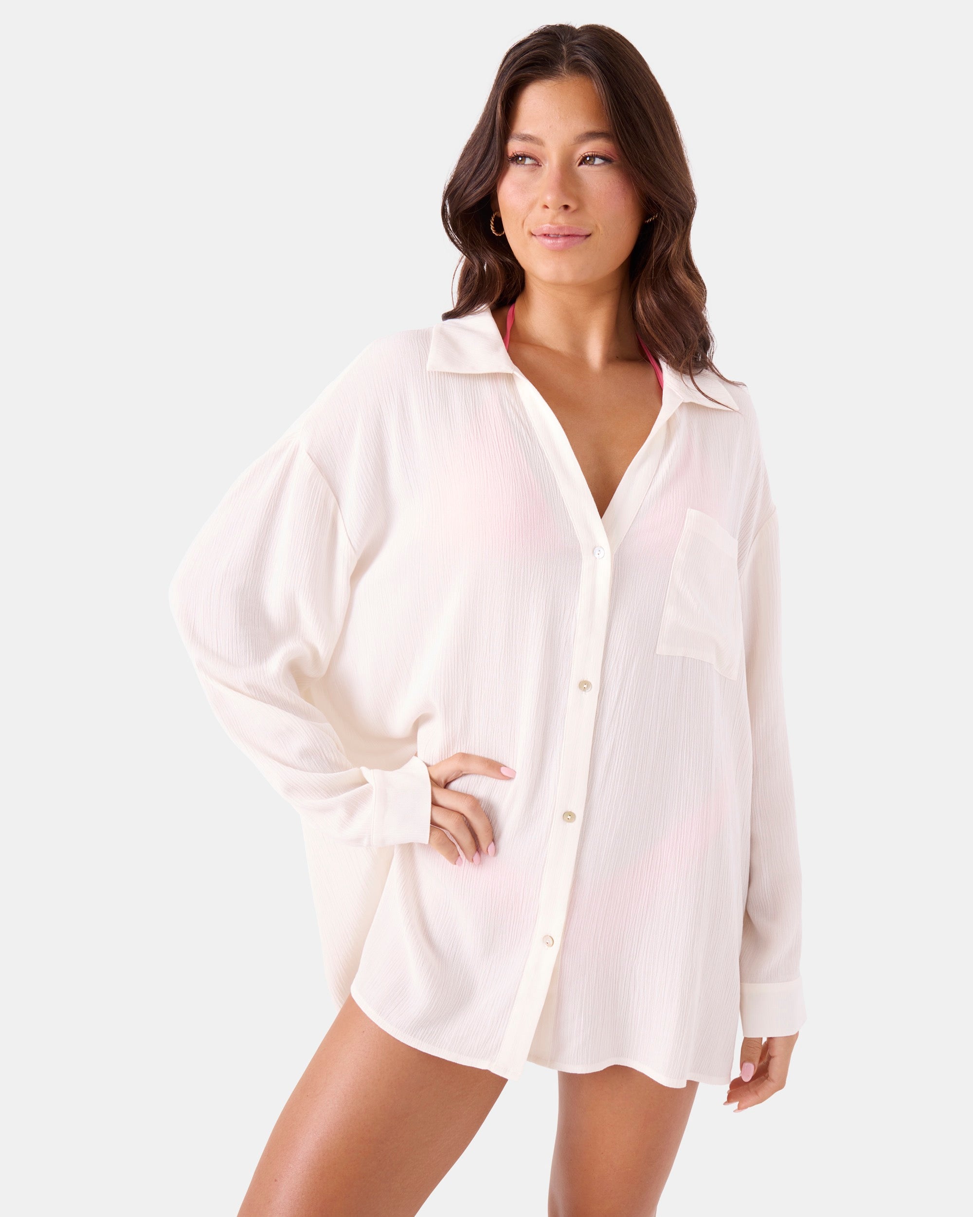 Roxy Solid Crinkle Long Sleeve Cover Up Camp Shirt Roxy Solid Crinkle Long Sleeve Cover Up Camp Shirt