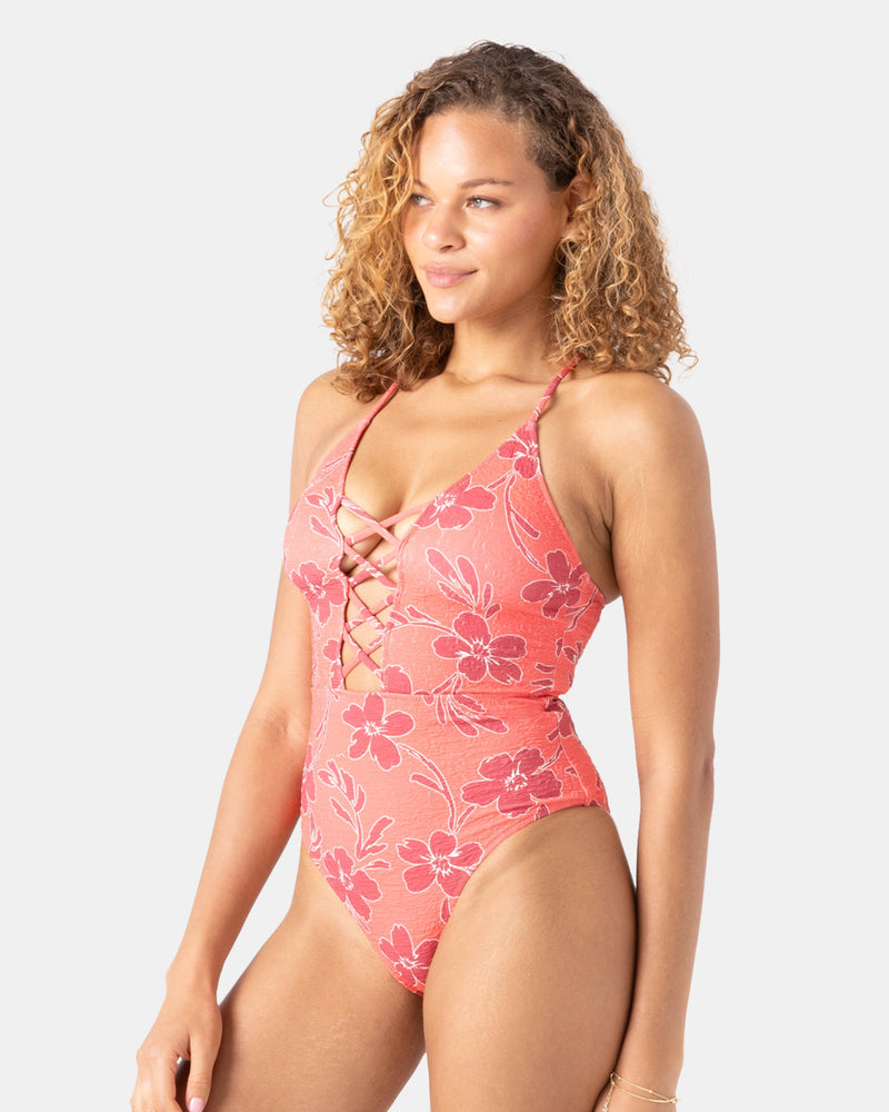 Garden Twirl Plunge Lattice Front One Piece Swimsuit - Roxy
