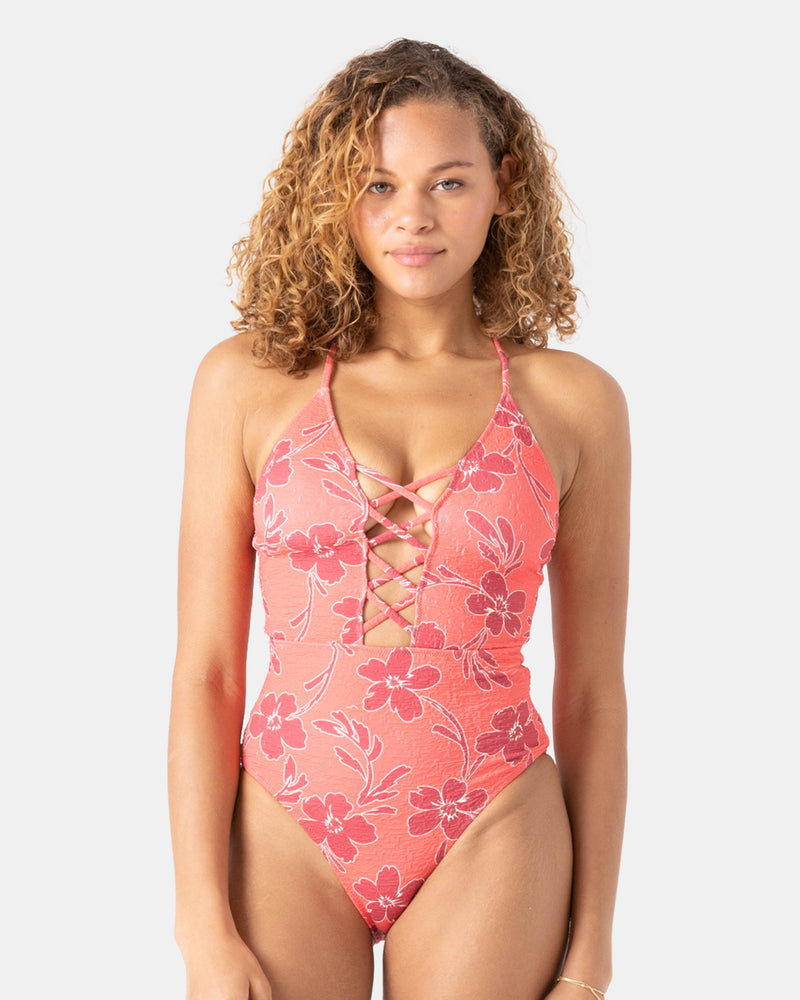 Garden Twirl Plunge Lattice Front One Piece Swimsuit - Roxy