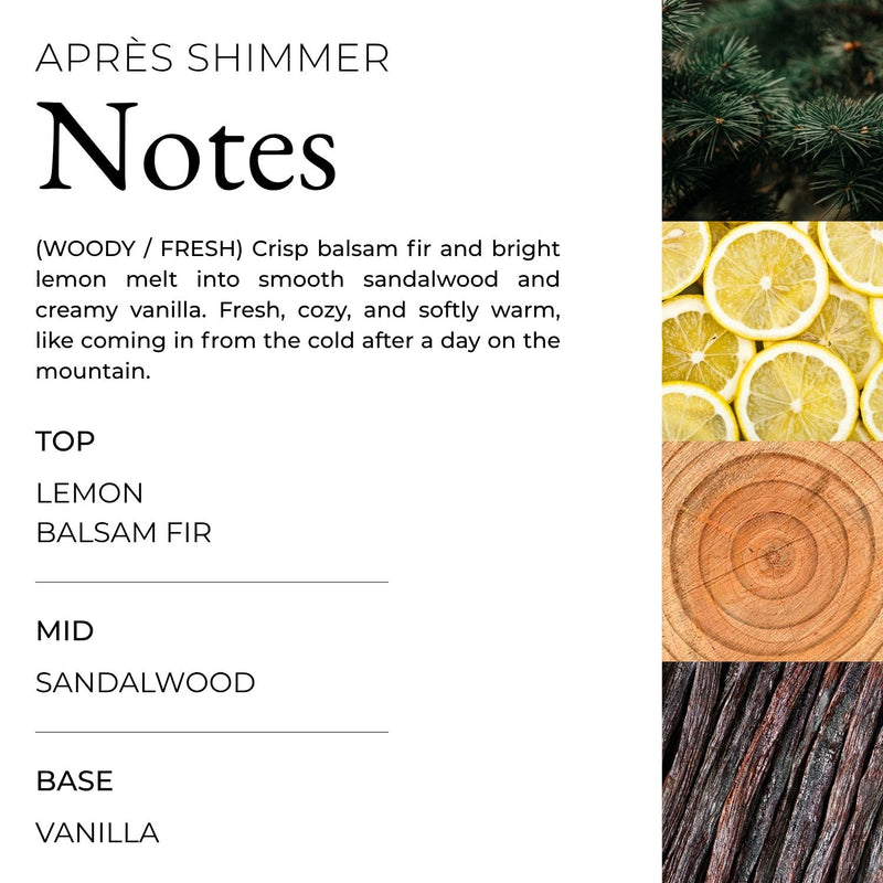 The Apres Shimmer Holiday Luxury Spa Set features fragrance notes of lemon, balsam fir, sandalwood, and vanilla alongside imagery of pine needles, lemon slices, wood grain, and vanilla beans for a refreshing body-care ritual.