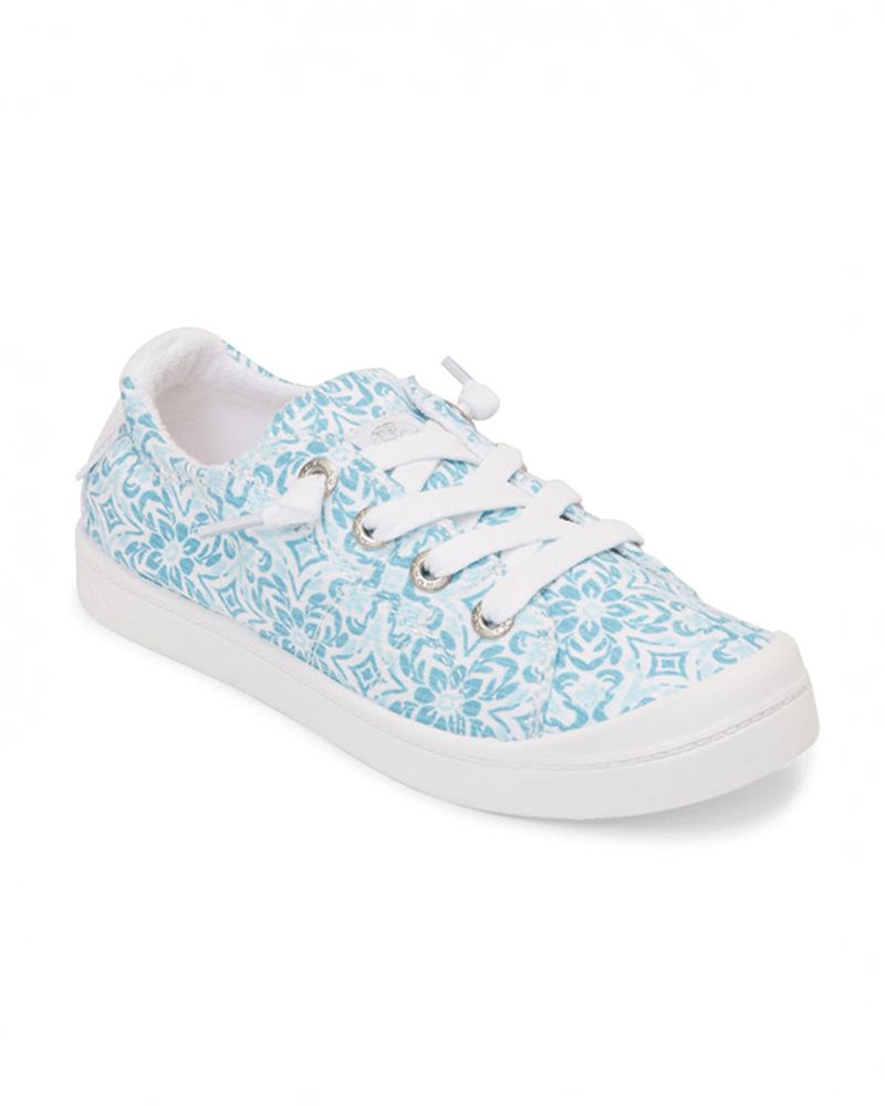 The Roxy Bayshore Plus Sneaker is a casual slip-on with white soles and laces, featuring a light blue and white floral fabric upper for authentic coastal style.