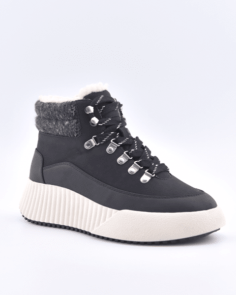 The Roxy Bling Peak Lace-Up Hiker Boot features black faux leather, white faux fur lining, silver eyelets, thick black laces, and a chunky white ridged platform sole—perfect for stylish winter adventures.