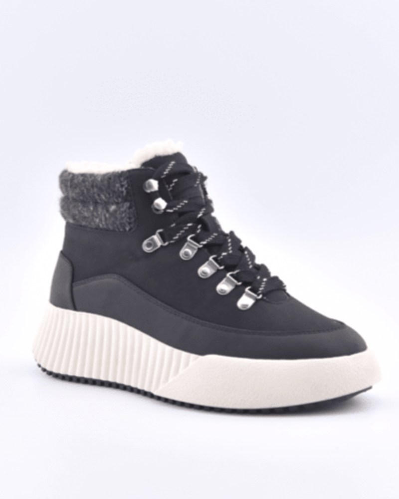 The Roxy Bling Peak Lace-Up Hiker Boot features black faux leather, white faux fur lining, silver eyelets, thick black laces, and a chunky white ridged platform sole—perfect for stylish winter adventures.