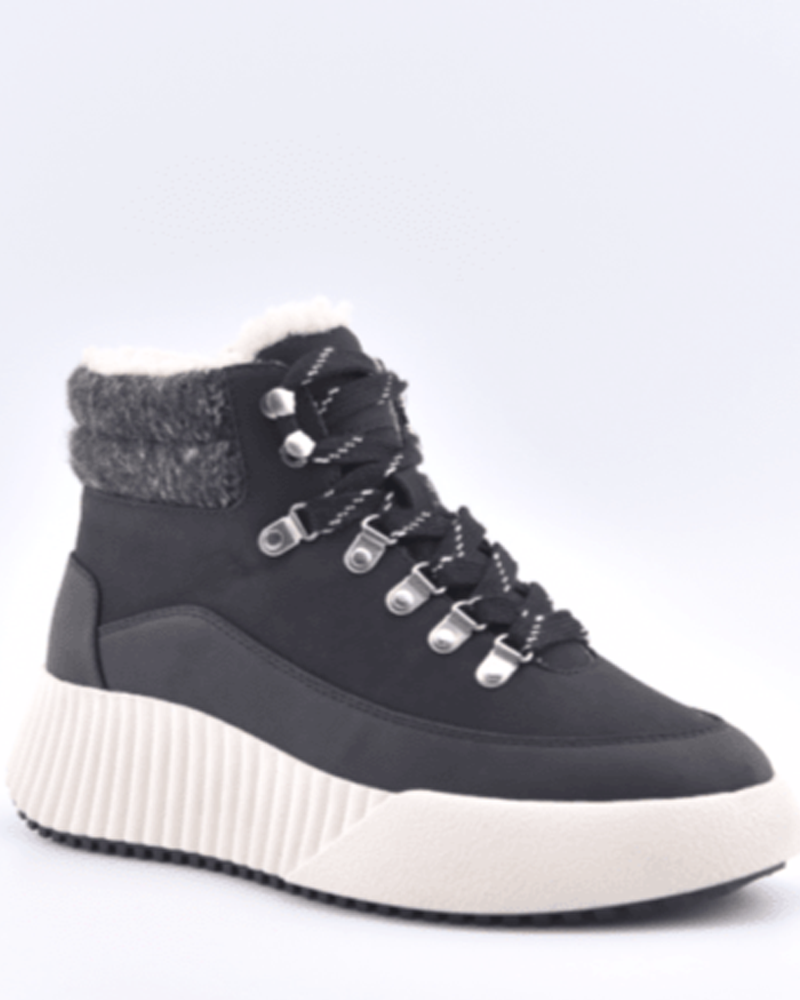 The Roxy Bling Peak Lace-Up Hiker Boot features black faux leather, white faux fur lining, silver eyelets, a black lace-up front, dark grey knit ankle detail, and a thick white textured platform sole.