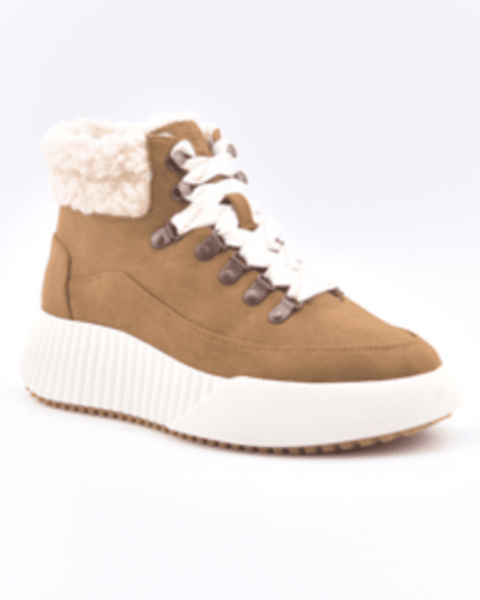 The Roxy Bling Peak Lace-Up Hiker Boot features a brown faux leather upper, white laces, a thick ribbed sole, and a light fluffy ankle collar. Photographed on a plain light background.