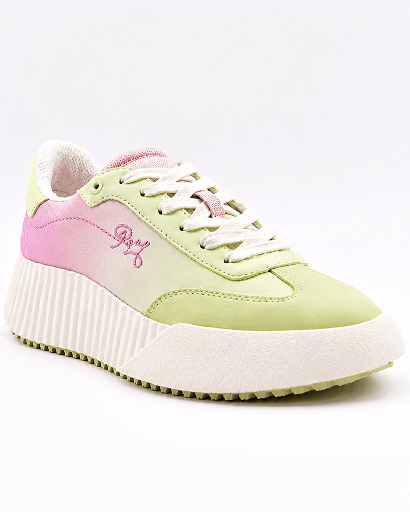 The Roxy Bling Sneaker features a pastel design with a green toe, pink heel, cream ribbed platform sole, white laces, and "Roy" embroidered in pink on the side.