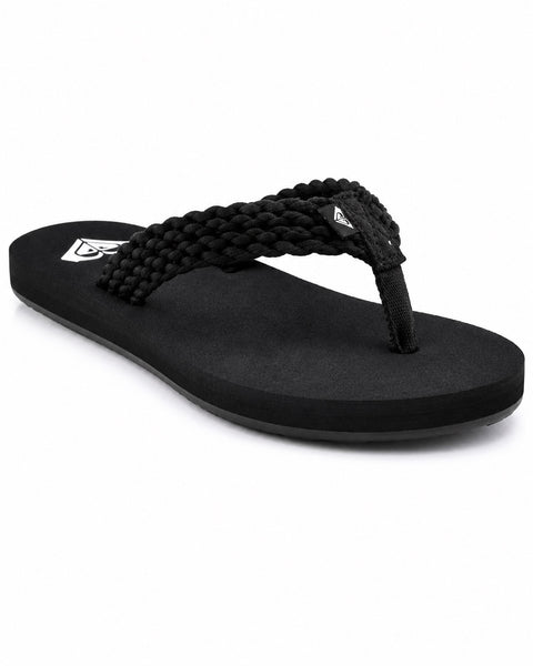 The Roxy Porto IV Sandal is a black women’s sandal with thick braided faux leather straps, a flat sole, and a small triangular logo on the strap, shown on a white background.