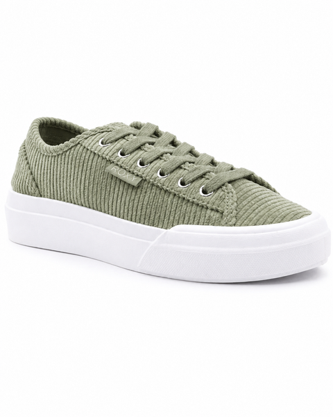 The Roxy Marina Sneaker for women features a sage green design with white laces, silver eyelets, a white rubber sole, and a small side fabric tag. Photographed on a white background.