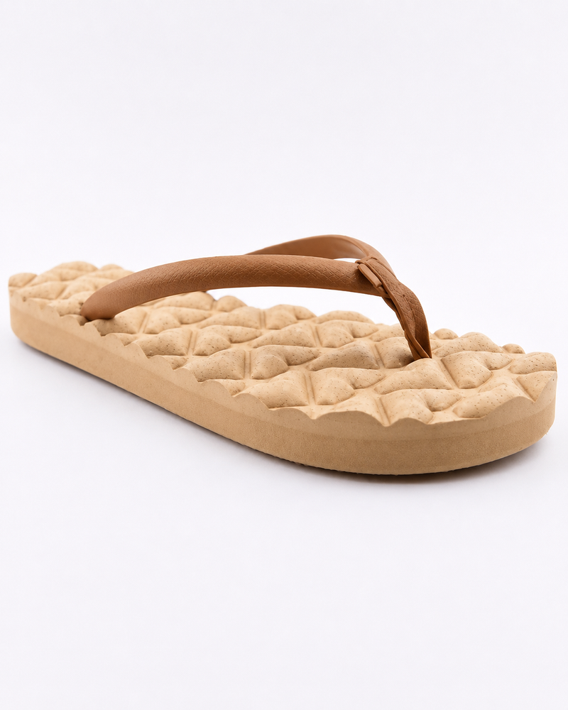 A single beige Roxy Shoresoft Sandal with a textured, cushioned footbed and tan straps is displayed on a white background.