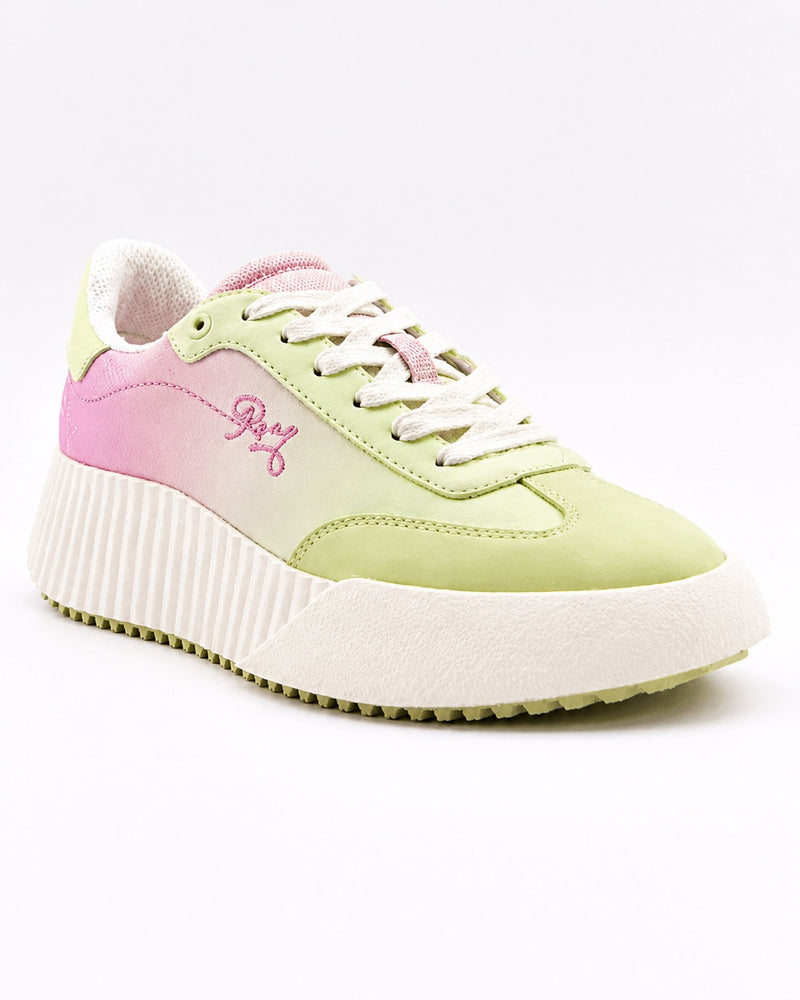 The Roxy Bling Sneaker features a pastel design with a light green toe, pink side panel, white laces, thick textured off-white sole, and "Roy" embroidered in pink on the side.