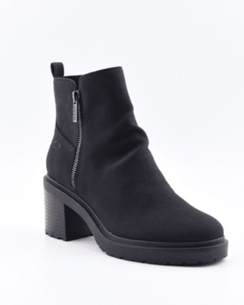 The Clementine Boot by Roxy features black faux suede, a chunky block heel, side zipper, and textured sole, photographed on a plain white background.