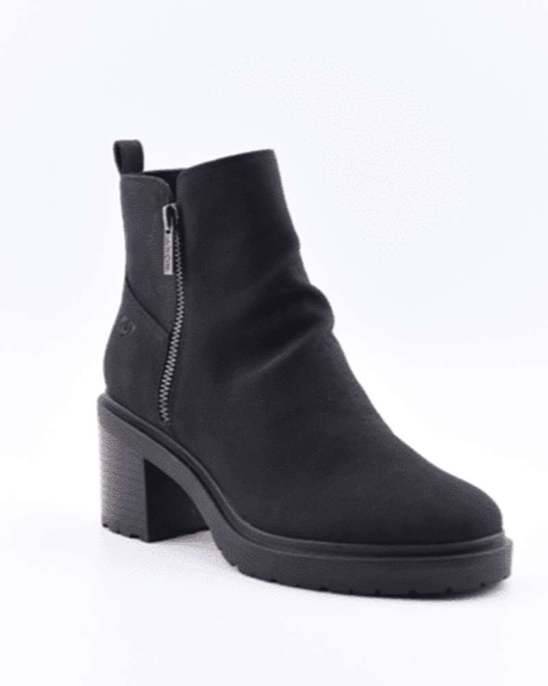 The Clementine Boot by Roxy features black faux suede, a chunky block heel, side zipper, and textured sole, photographed on a plain white background.