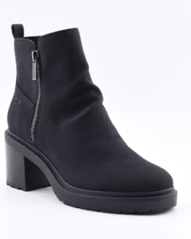 The Clementine Boot by Roxy features black faux suede, a chunky block heel, side zipper, textured sole, and smooth finish—shown on a plain white background.