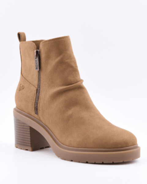 The Roxy Clementine Boot features a side zipper, chunky block heel, back pull tab, slightly ruched design, and a rubber sole for traction.