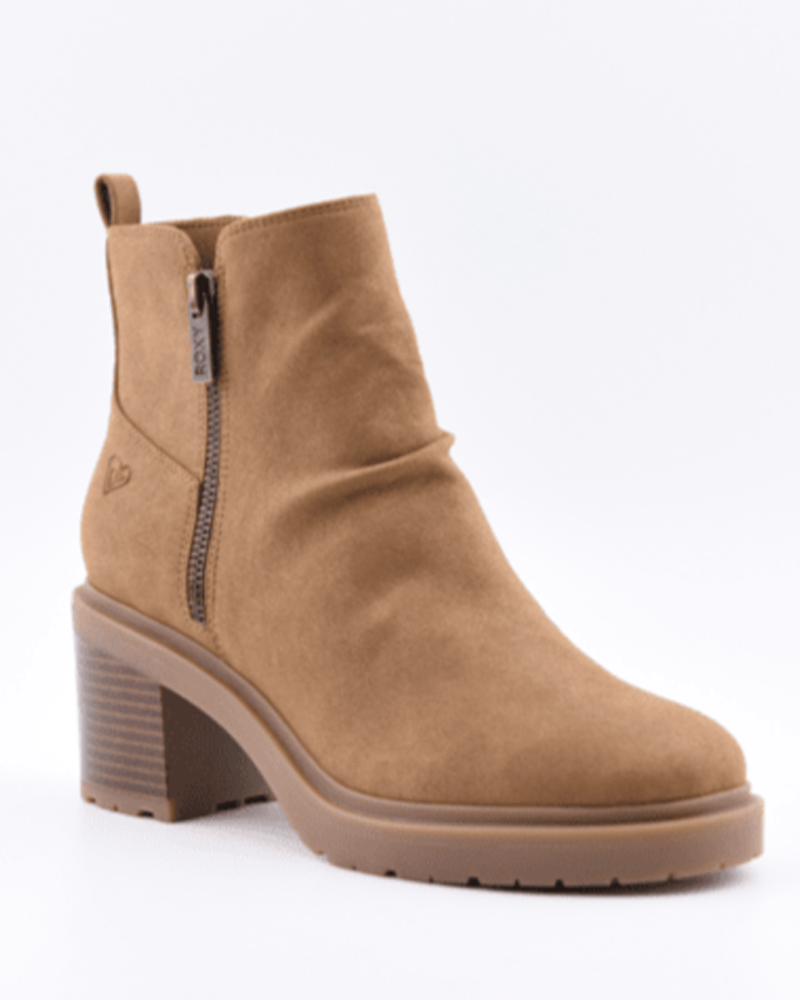 The Roxy Clementine Boot features a side zipper, chunky block heel, back pull tab, slightly ruched design, and a rubber sole for traction.