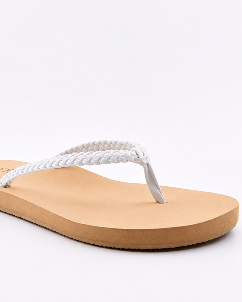 The Roxy Costas II Sandal features a tan cushioned sole and white braided straps, shown on a plain white background.