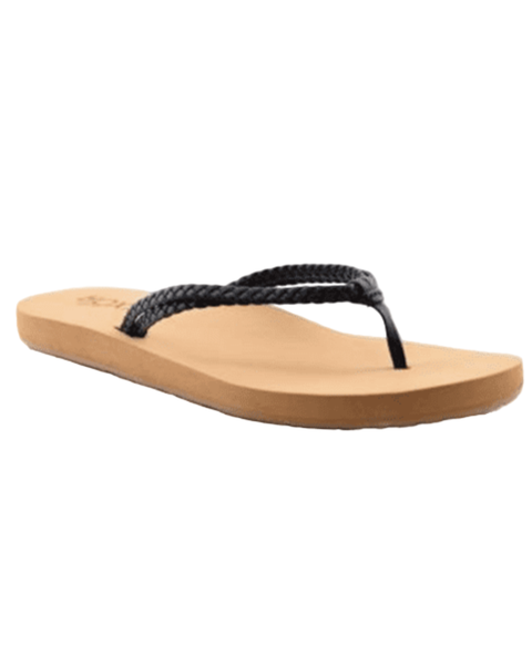 A single Roxy Costas II Sandal with tan construction and black braided straps is shown on a white background.
