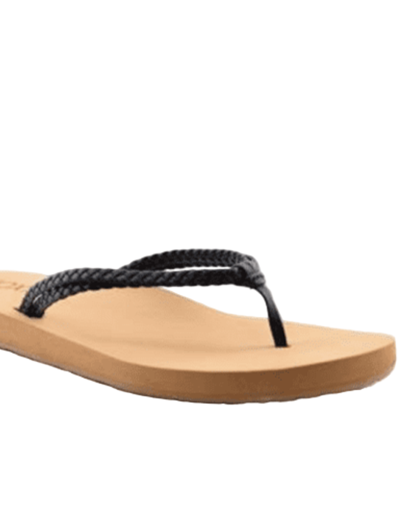 The Roxy Costas II Sandal features a tan flip-flop sole with black braided straps and is displayed on a white background.