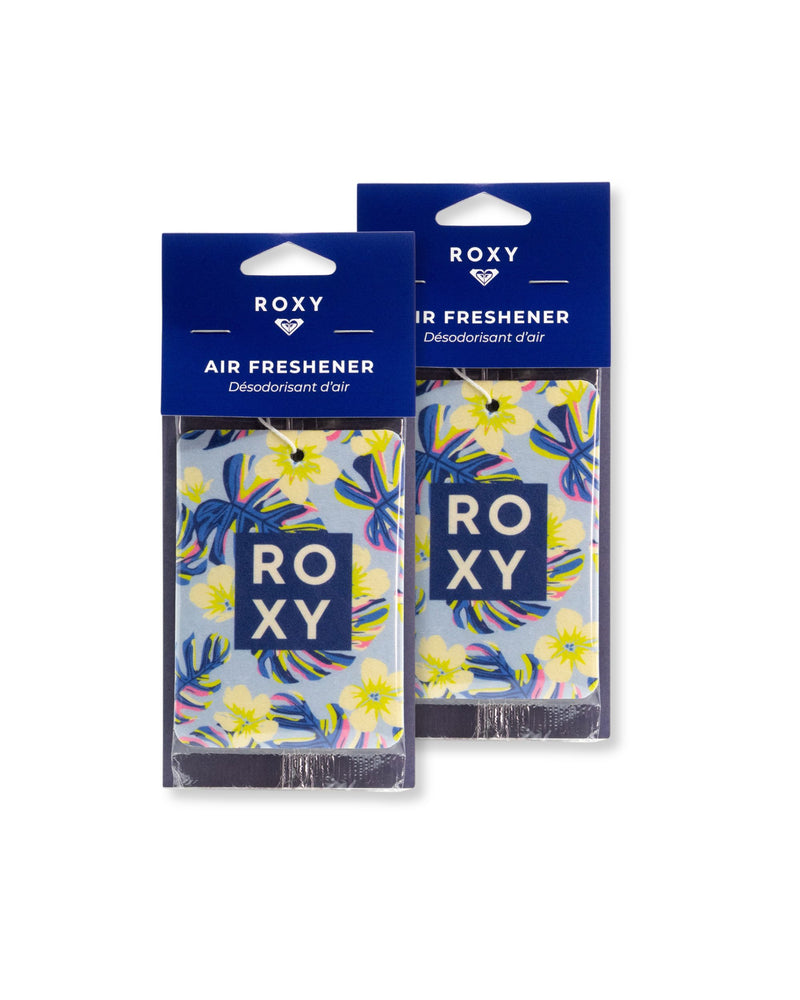 The ROXY Air Freshener 2-Pack Variety Pack features two air fresheners adorned with a blue floral design and yellow flowers, each boldly labeled “ROXY” in white lettering, capturing the invigorating scent of saltwater air against a clean white background.
