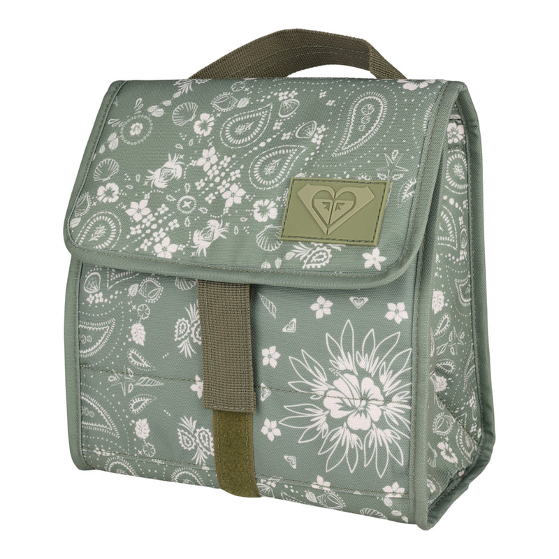 The Roxy Smiling Seagulls Lunch Bag is a delightful green bag adorned with a playful white floral and paisley print. It features a brown handle, a front Velcro strap, and a small logo patch displayed on the front flap.
