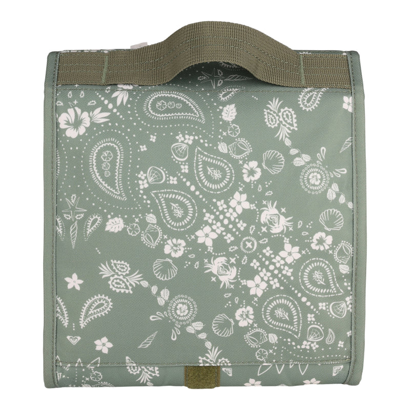 Introducing the Roxy Smiling Seagulls Lunch Bag—a delightful green fabric lunch bag featuring a khaki handle and adorned with a playful white paisley and floral print.