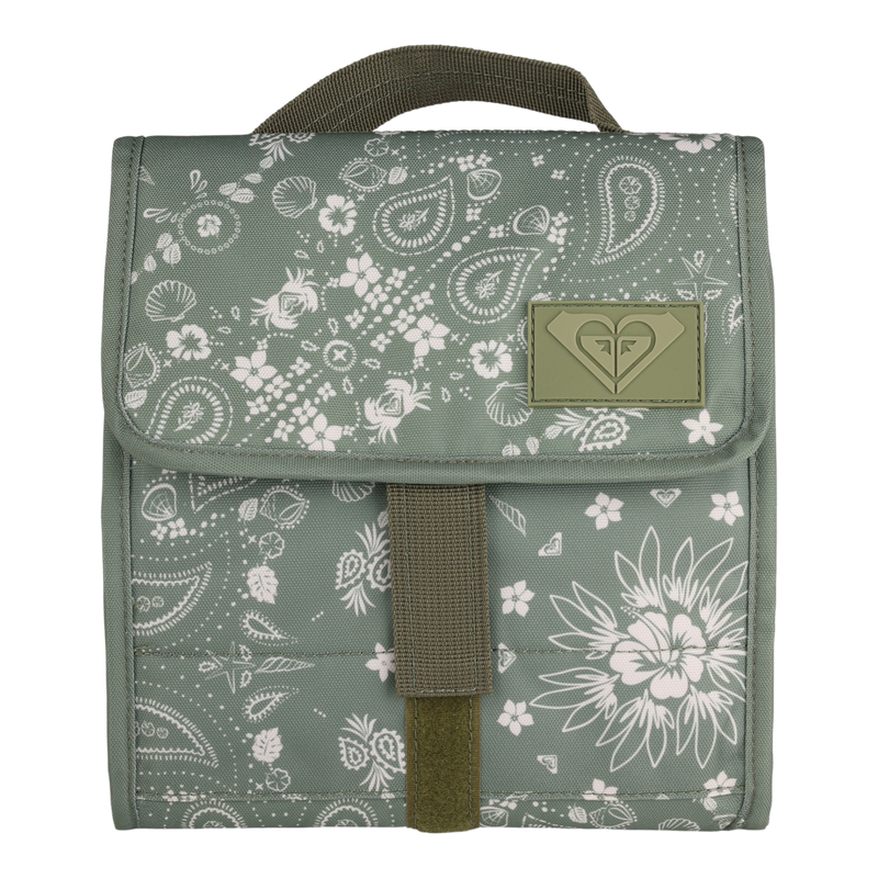 Introducing the Smiling Seagulls Lunch Bag by Roxy in Oil Green Boho Bandana—a delightful fabric lunch bag featuring a playful white floral and paisley print. It comes with a sturdy khaki handle, a convenient hook-and-loop closure, and is accented by a heart-shaped logo patch sewn on the front.