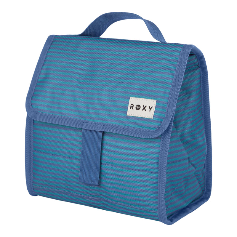 The Smiling Seagulls Lunch Bag by Roxy features blue and teal stripes, an insulated interior, a convenient handle, and a front flap secured with Velcro. A small rectangular patch displaying the Roxy brand name is sewn onto the front.