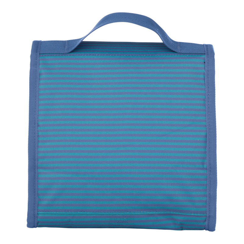 The Roxy Smiling Seagulls Lunch Bag is a blue, rectangular bag featuring a top handle and horizontal light blue stripes on the front.