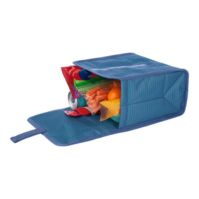 The Roxy Smiling Seagulls Lunch Bag, with its blue striped design, lies open to reveal packed snacks including a juice box, carrots, an orange, and a sandwich inside.