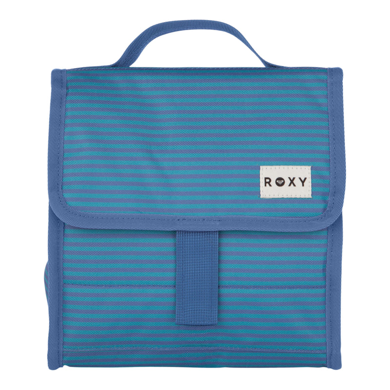 The Smiling Seagulls Lunch Bag by Roxy features blue fabric accented with horizontal turquoise stripes, a top fabric handle, a front flap secured by a Velcro strap, and a white rectangular label displaying the ROXY name alongside a small heart logo.