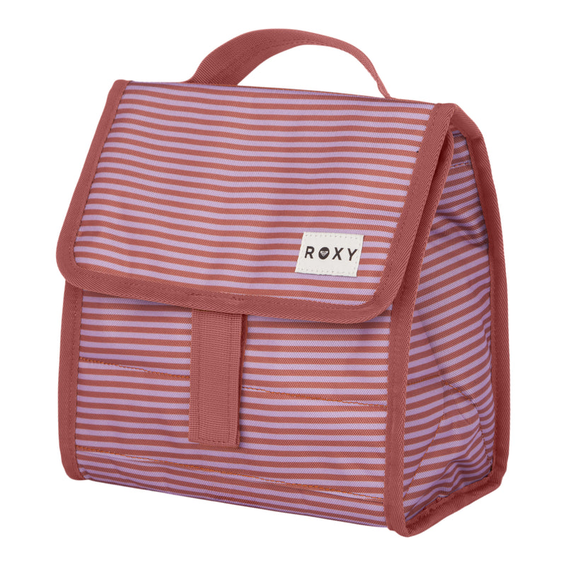 The Smiling Seagulls Lunch Bag by Roxy is a pink and purple striped insulated lunch bag featuring a handle, a flap closure, and a small white Roxy logo on the front.