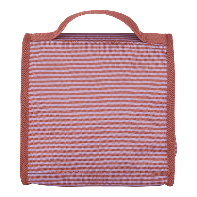 The Smiling Seagulls Lunch Bag by Roxy, with a rectangular shape, convenient handle, and horizontal stripes in shades of pink and red, is displayed against a white background.