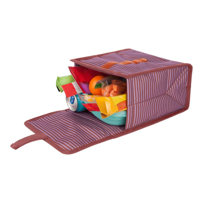 A striped, soft-sided lunch bag with an open lid reveals colorful baby toys and soft items inside. The Smiling Seagulls Lunch Bag by Roxy is pink with purple stripes and features a handle on top.