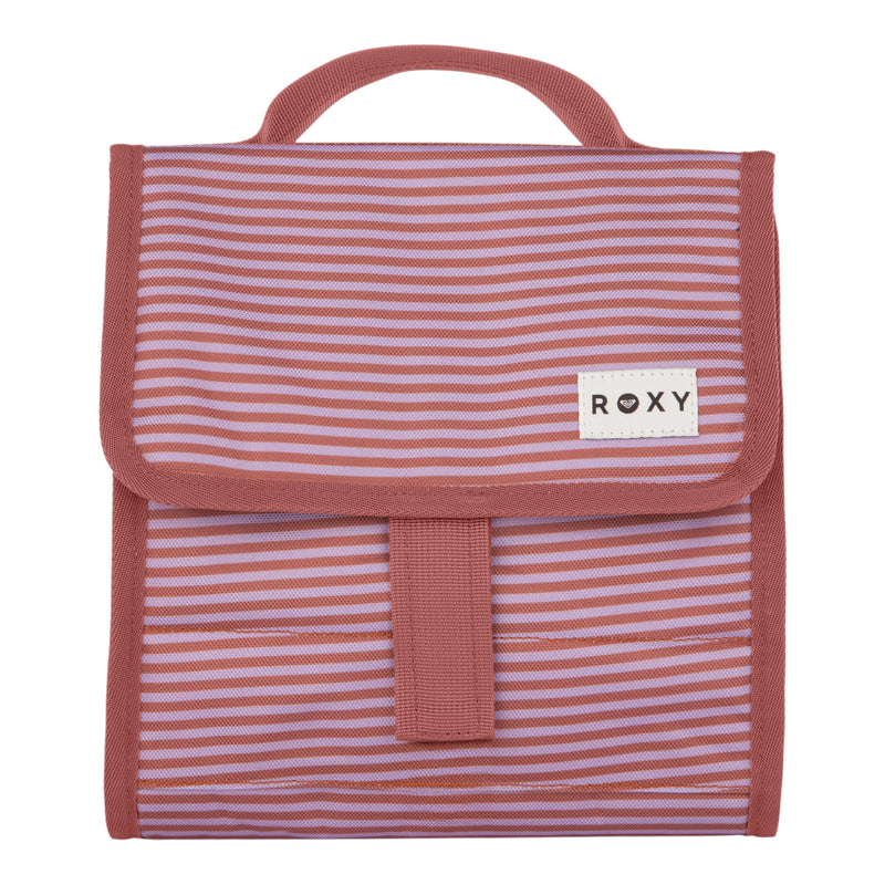 The Smiling Seagulls Lunch Bag by Roxy features pink and purple stripes, a convenient handle on top, a front flap secured with a velcro closure, and a small Roxy brand label on the upper right corner.