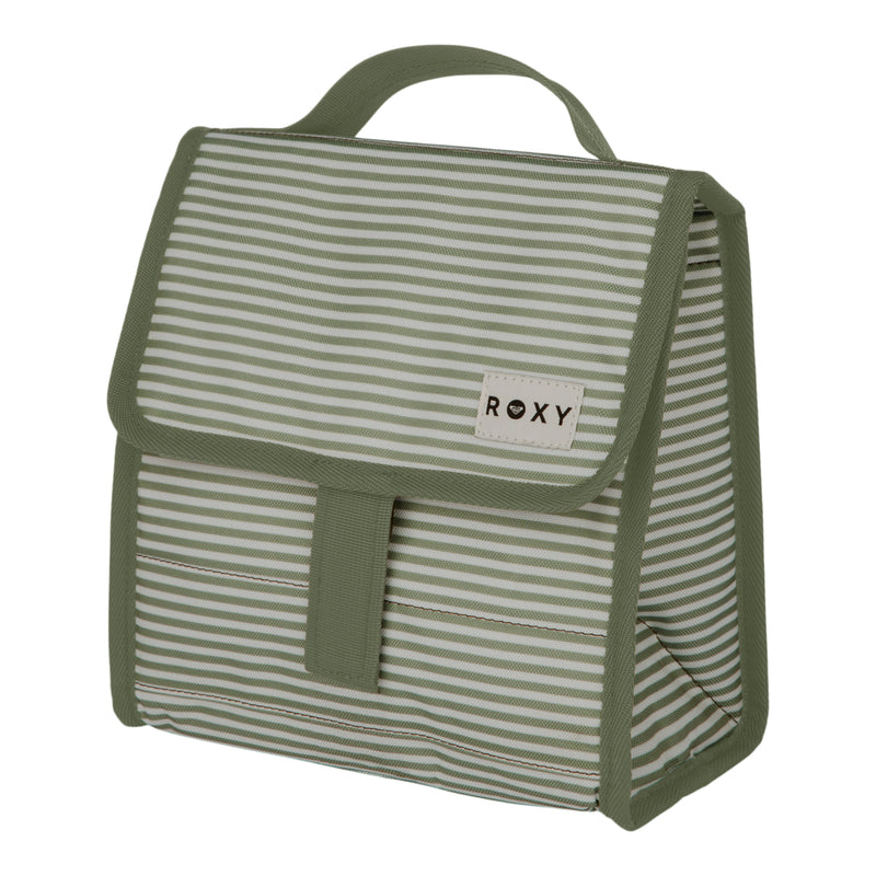 The Roxy Smiling Seagulls Lunch Bag features green and white stripes, an insulated interior, a convenient handle, and a front flap secured with a Velcro strap. A small Roxy logo patch is displayed on the front.