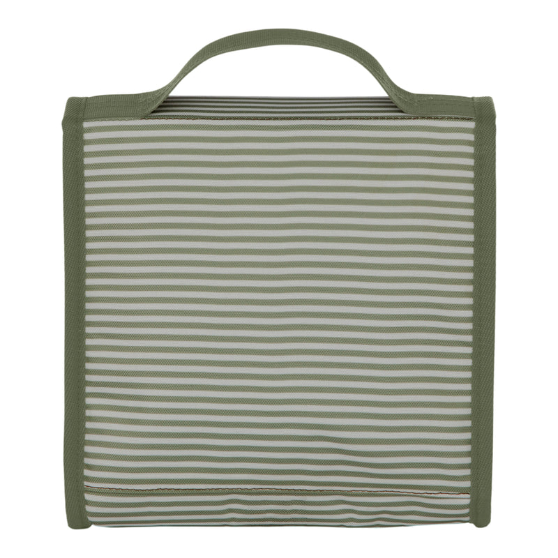 A square, soft-sided lunch bag from Roxy called the Smiling Seagulls Lunch Bag, featuring olive green and white horizontal stripes, green fabric trim, and a top handle.