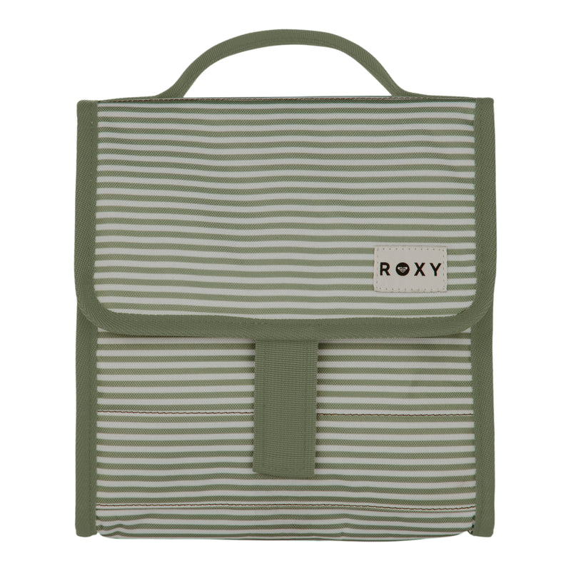 The Smiling Seagulls Lunch Bag by Roxy features green and white stripes, a top handle, a front flap secured with a strap, and a small patch label displaying the ROXY brand on the front.