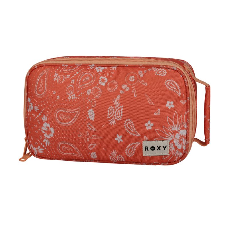 A rectangular, orange Roxy “Groovy Life Lunch Bag” with a zipper, side handle, and white floral and paisley patterns printed on the fabric.