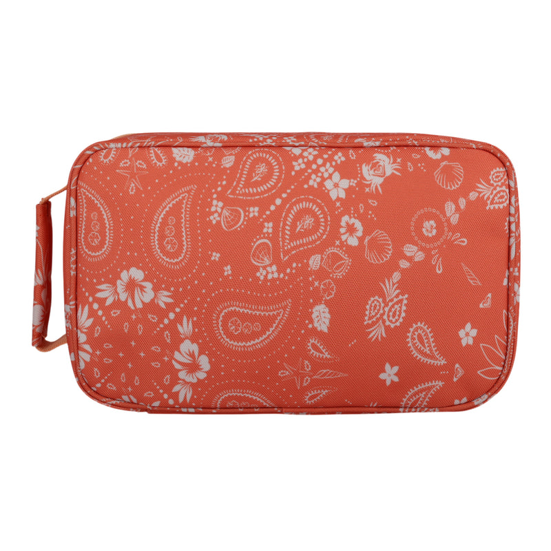 The Groovy Life Lunch Bag by Roxy is a rectangular orange bag featuring a handle and a white paisley and floral pattern. The lunch bag is photographed against a white background.