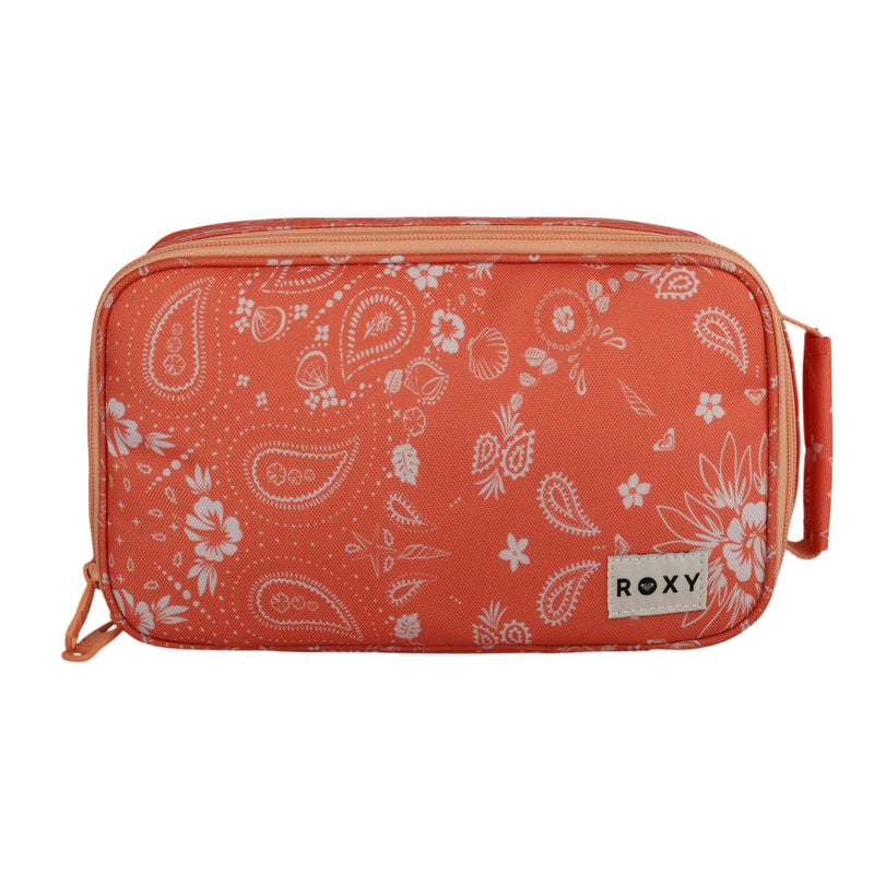 A rectangular orange lunch bag called the Groovy Life Lunch Bag by Roxy, featuring a white floral and paisley pattern, a right-side handle, a top zipper, and a ROXY label in the bottom right corner.