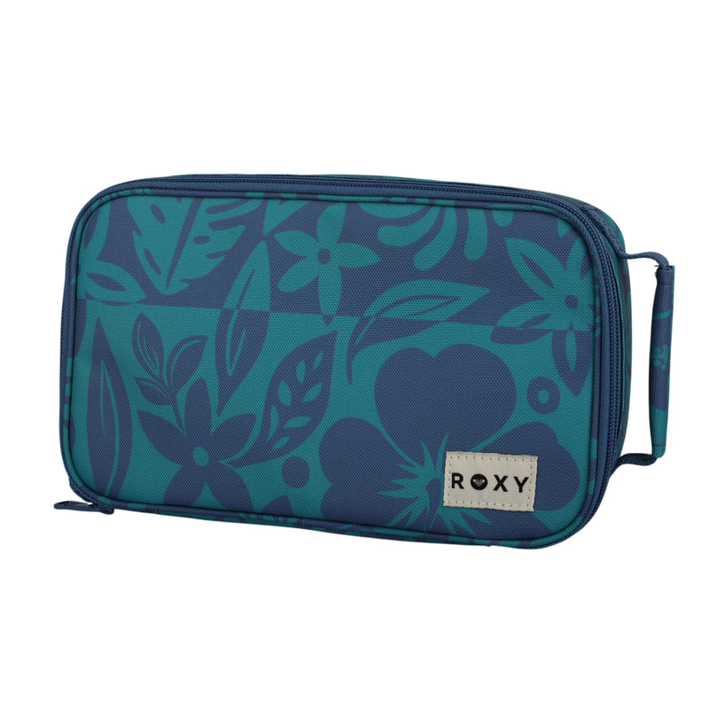 The Groovy Life Lunch Bag by Roxy is a rectangular blue and teal pouch featuring a floral pattern, zipper closure, side handle, and a beige ROXY label on the front.
