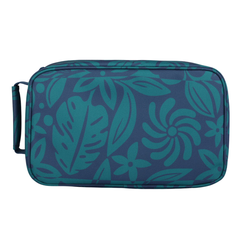The Groovy Life Lunch Bag by Roxy is a rectangular zippered pouch with a handle, featuring a blue color adorned with a teal tropical floral and leaf pattern.