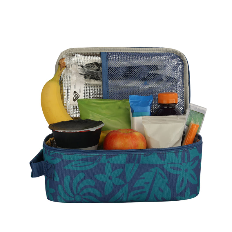 The Roxy Groovy Life Lunch Bag is shown unzipped, revealing its silver insulated lining and neatly organized contents, including a banana, apple, yogurt cup, drink bottle, snack bars, and packets.