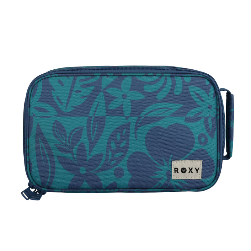 The Groovy Life Lunch Bag by Roxy is a rectangular blue pouch featuring a teal floral pattern, a zipper closure, a side handle, and a small beige ROXY label on the front.