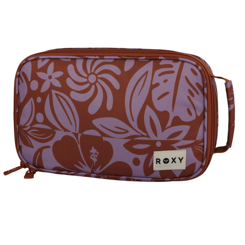 Introducing the Roxy Groovy Life Lunch Bag—a rectangular pouch with a handle, showcasing a brown and lavender floral design and finished with the signature Roxy label on the front.
