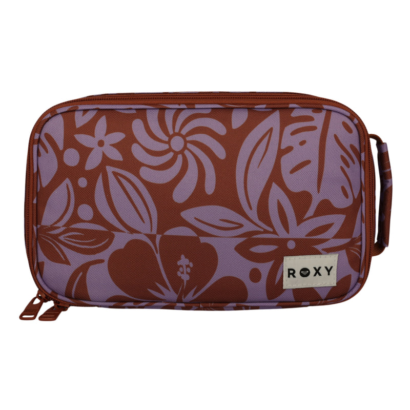 The Groovy Life Lunch Bag by Roxy is a rectangular brown zippered pouch featuring purple floral patterns and a small ROXY label on the front.
