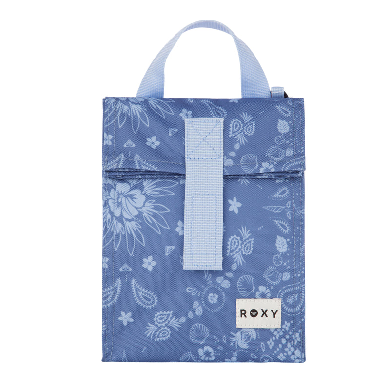 The Roxy Lunch Hour Lunch Bag features a light blue insulated design adorned with white floral and paisley patterns, a coordinating handle, a front closure strap, and a small ROXY logo patch at the bottom. The bag is displayed upright against a white background.