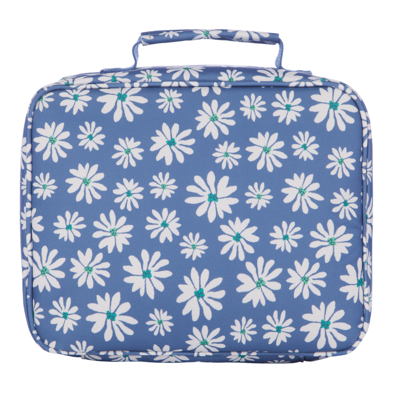 The Roxy Groove In Life Insulated Bag is a rectangular lunch bag made from recycled polyester, featuring a blue background adorned with white daisies with green centers and a convenient handle on top.