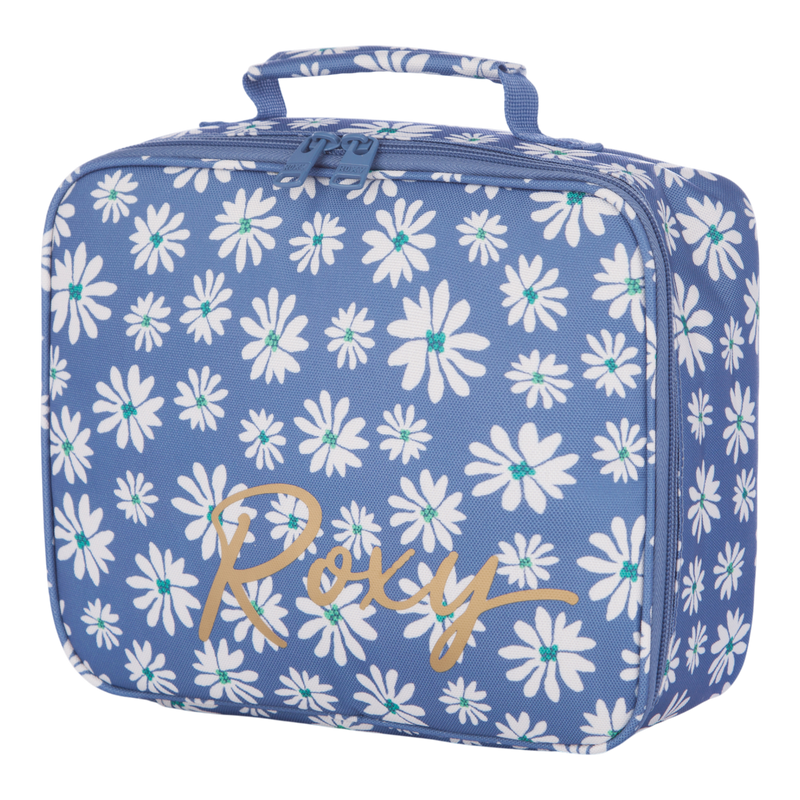 The Roxy Groove In Life Insulated Bag is a blue lunch bag adorned with white daisy flowers with green centers and a yellow Roxy logo. Made from recycled polyester, this sustainable lunch bag features a convenient top handle and a secure zippered closure.