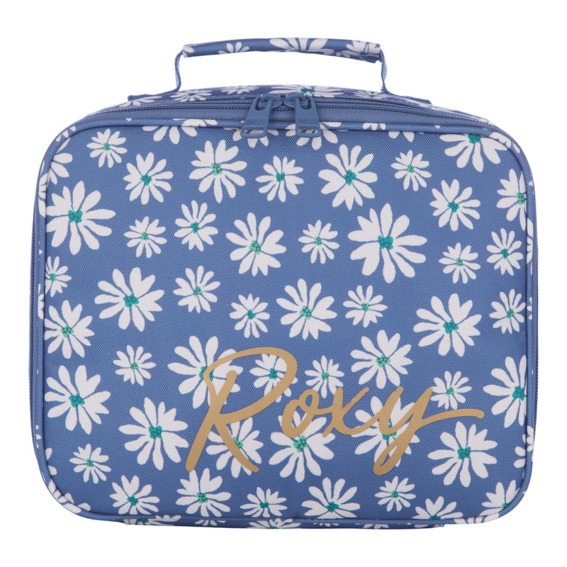 The Roxy Groove In Life Insulated Bag in the “Flower Soul” color features a blue exterior adorned with white daisy patterns and green centers, a convenient top handle, and “Roxy” written in large gold script across the front—making this stylish lunch bag perfect for keeping your meals fresh on the go.